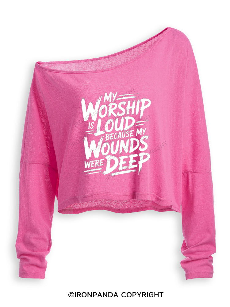 MY WORSHIP IS LOUD BECAUSE MY WOUNDS WERE DEEP Off Shoulder Long Sleeve Crop Top