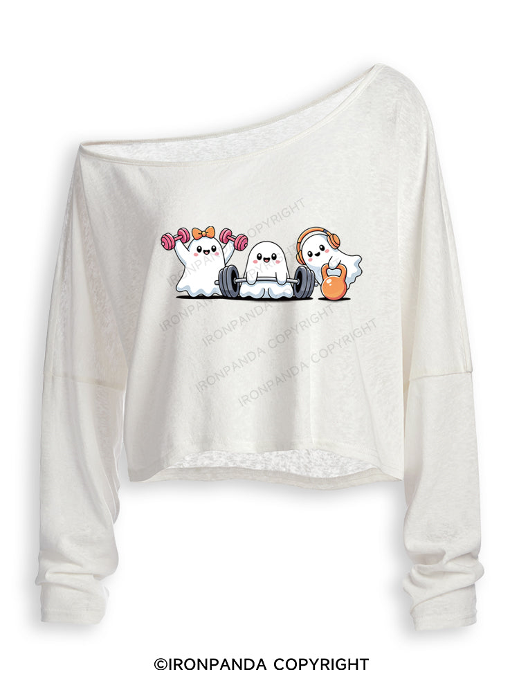 WEIGHTLIFTING SPOOKY FUNNY GYM Off Shoulder Long Sleeve Crop Top