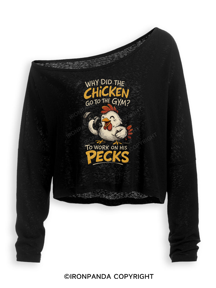 WHY DID THE CHICKEN GO TO THE GYM TO WORK ON HIS PECKS Off Shoulder Long Sleeve Crop Top