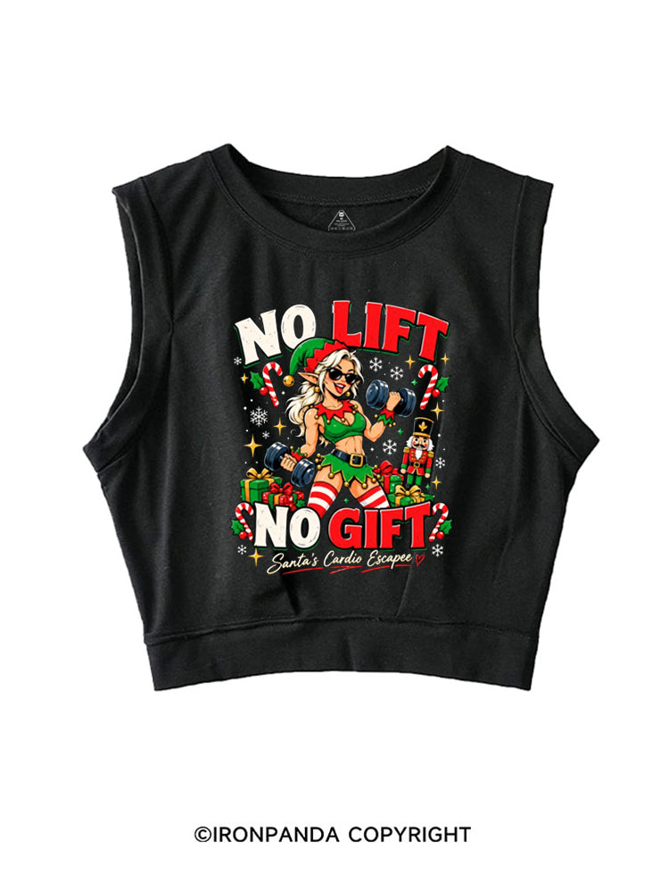 NO LIFT NO GIFT SANTAS CARDIO ESCAPEE ELF SLEEVELESS CROP TOPS