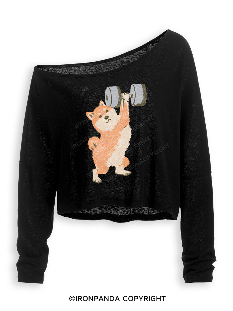 STRONG SHIBA INU LIFTING WEIGHTS Off Shoulder Long Sleeve Crop Top