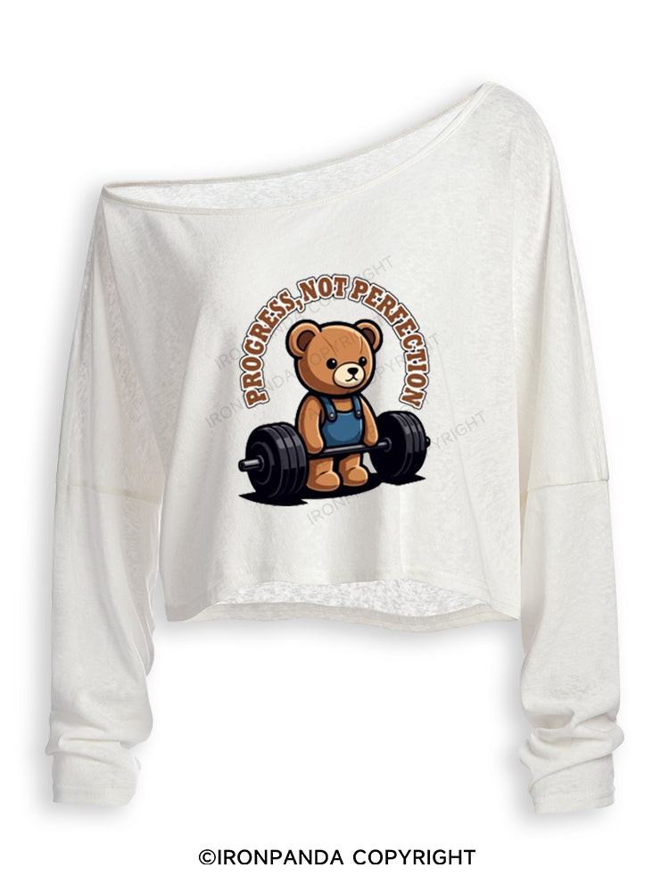 PROGRESS NOT PERFECTION CUTE BEAR DEADLIFT Off Shoulder Long Sleeve Crop Top