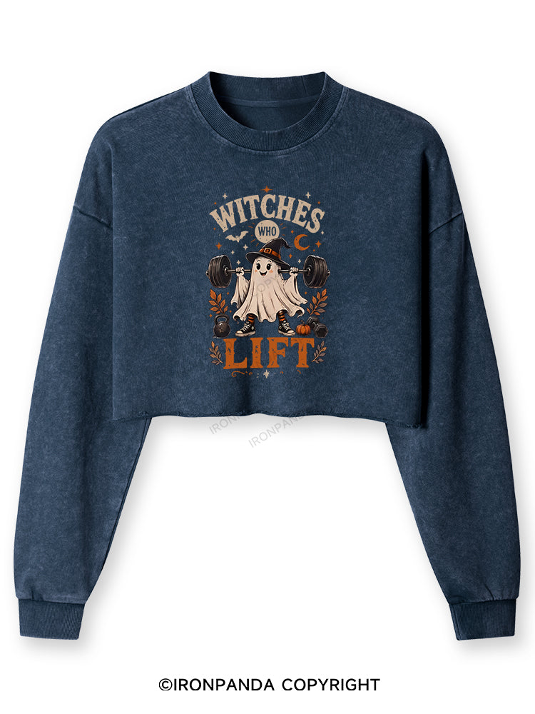 WITCHES WHO LIFT GHOST HALLOWEEN Washed Long-Sleeve Crop Top