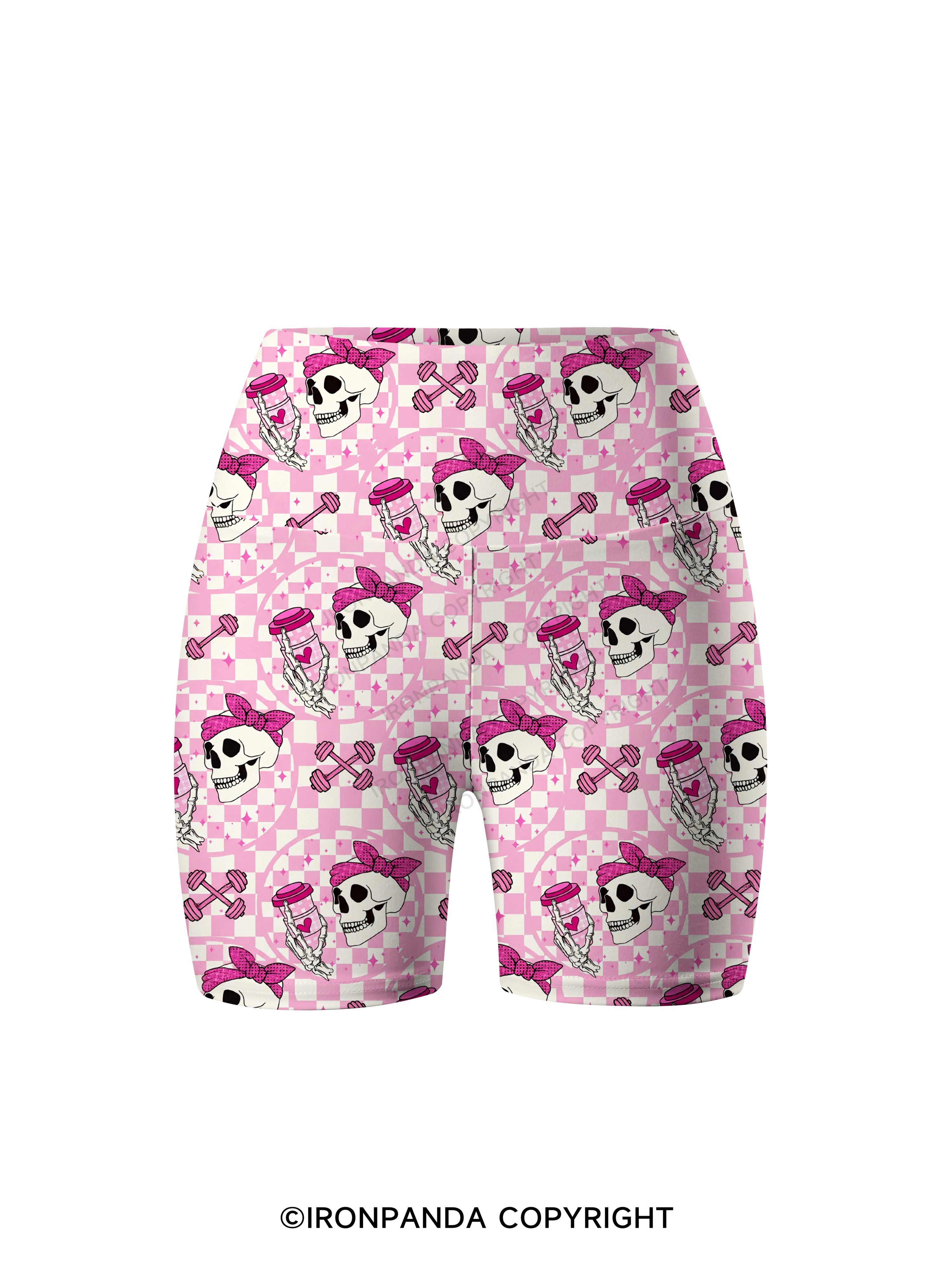 Pink Check Gym Skull Printed Yoga Cycling Shorts