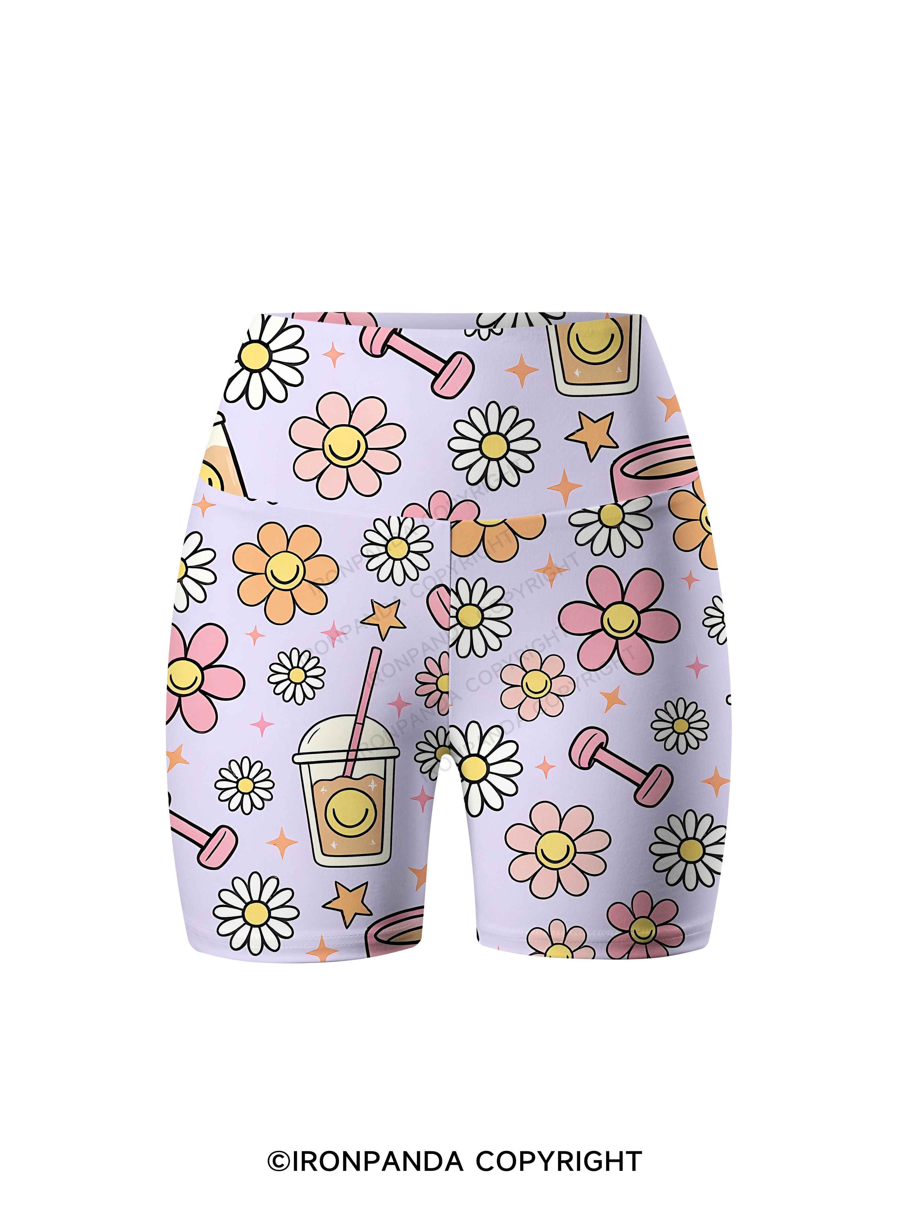 Daisy Coffee Gym Printed Yoga Cycling Shorts