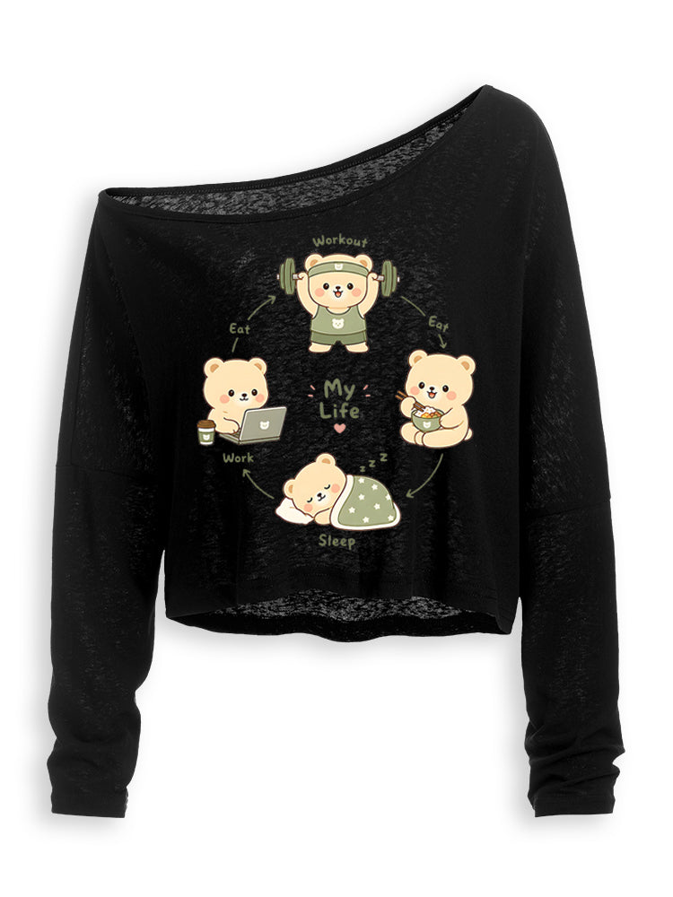 MY LIFE CUTE BEAR GYM Off Shoulder Long Sleeve Crop Top