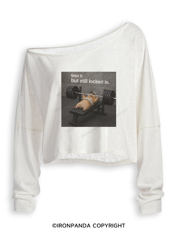 TIRED FR BUT STILL LOCKED IN HAMESTER Off Shoulder Long Sleeve Crop Top