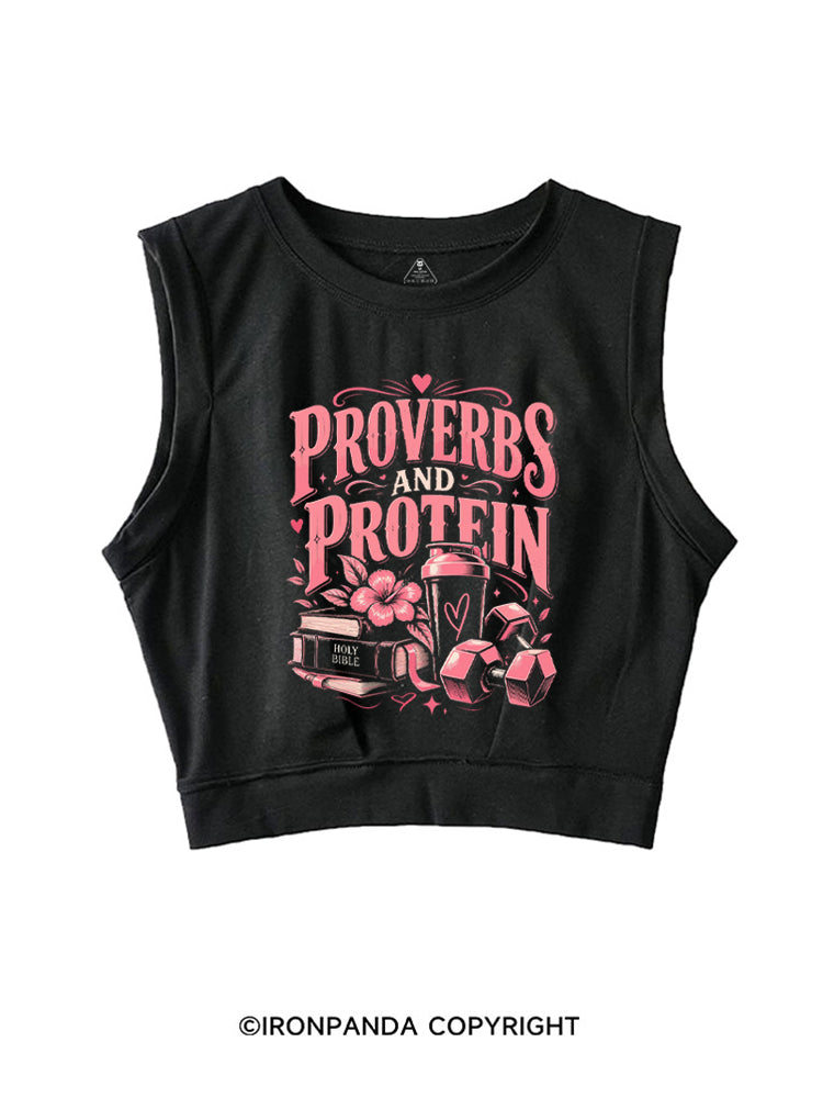 PROVERBS AND PROTEIN CHRISTIAN FITNESS SLEEVELESS CROP TOPS