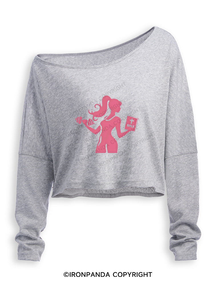 BADDIE GYM GIRL GOD'S GIRL Off Shoulder Long Sleeve Crop Top