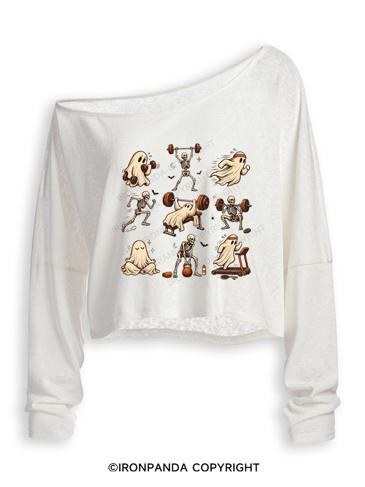 Ghost and Skeleton Workout Spooky Exercise Off Shoulder Long Sleeve Crop Top