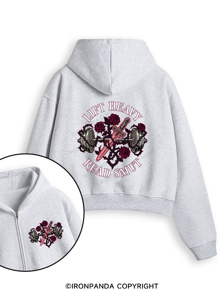 LIFT HEAVY READ SMUT Fleece Crop Zip Up Hoodie
