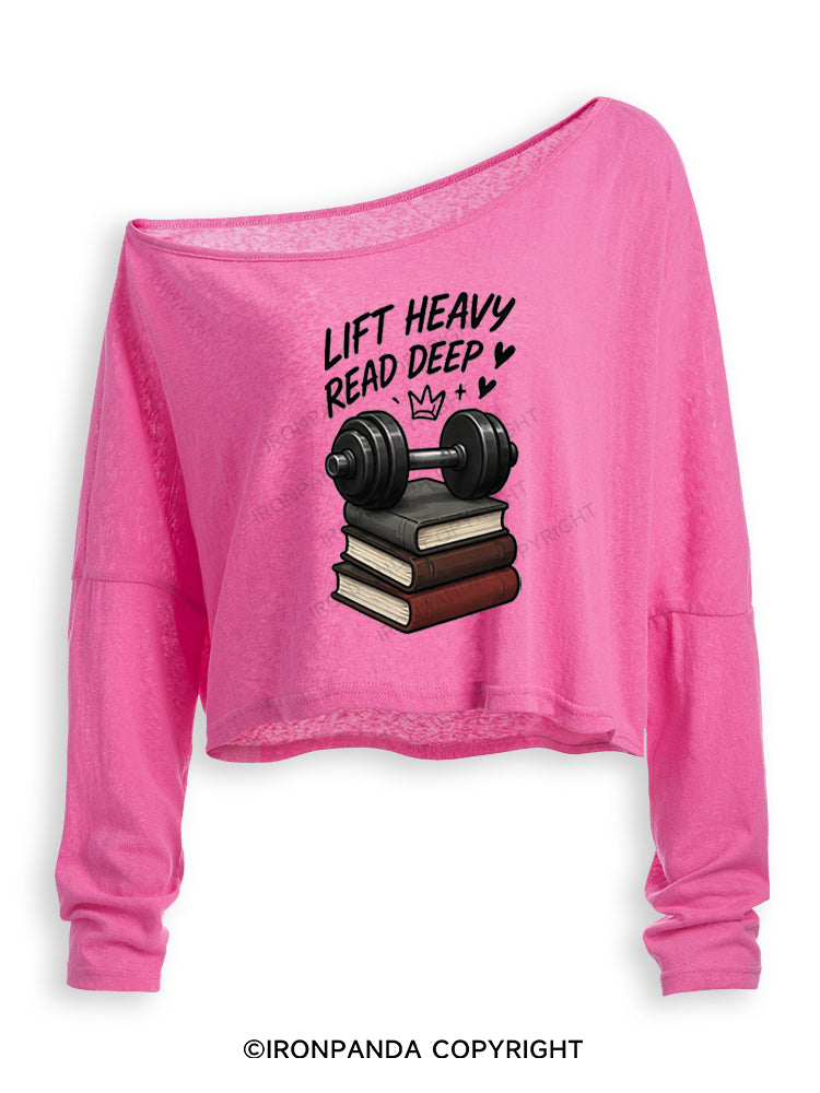 LIFT HEAVY READ DEEP Off Shoulder Long Sleeve Crop Top