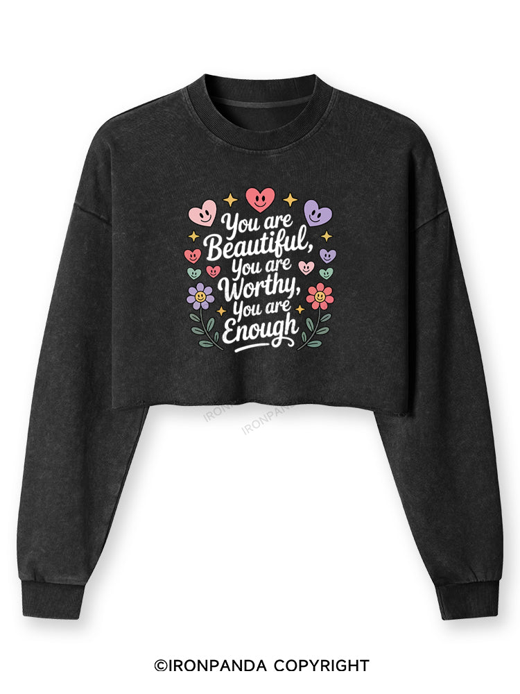 YOU ARE BEAUTIFUL, YOU ARE WORTHY, YOU ARE ENOUGH Washed Long-Sleeve Crop Top
