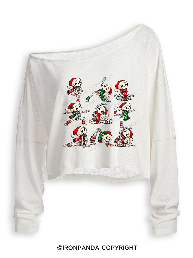 Yoga Skeleton Santa Hat Yogi Off Shoulder Long Sleeve Crop Top