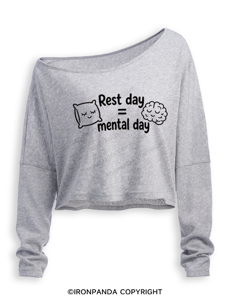 Rest day = mental day Off Shoulder Long Sleeve Crop Top