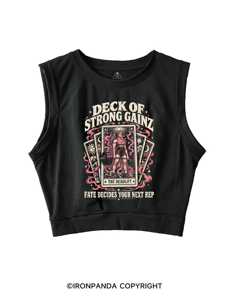 DECK OF STRONG GAINZ FATE DECIDES YOUR NEXT REP SLEEVELESS CROP TOPS