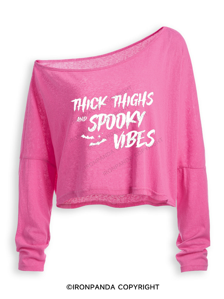THICK THIGHS AND SPOOKY VIBES HALLOWEEN SEASON Off Shoulder Long Sleeve Crop Top