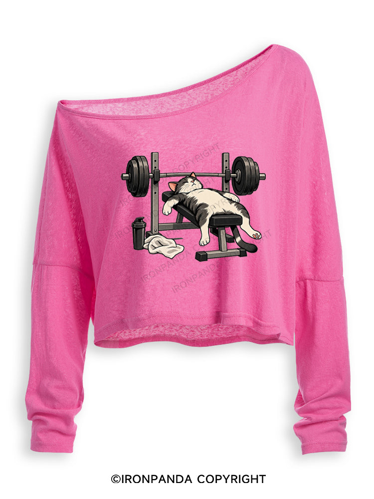 TIRED GYM CAT AFTER WORKOUT Off Shoulder Long Sleeve Crop Top