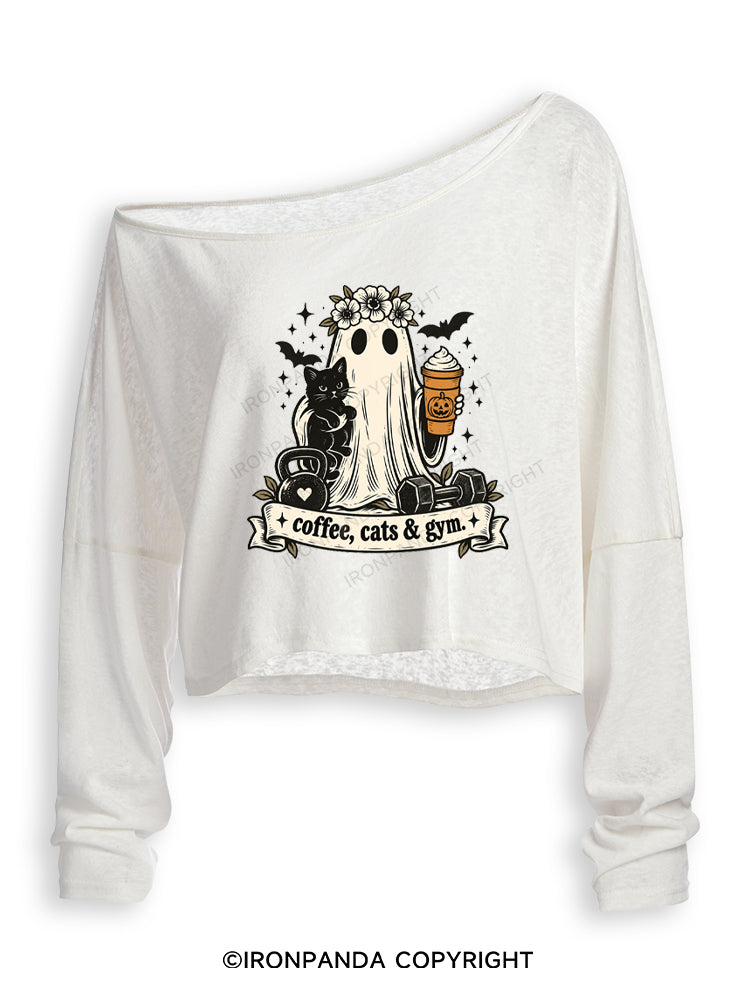 COFFEE, CATS & GYM HAPPY HALLOWEEN Off Shoulder Long Sleeve Crop Top