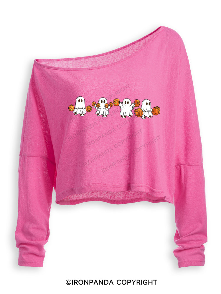 WEIGHT LIFTING GHOSTS FUNNY FITNESS Off Shoulder Long Sleeve Crop Top