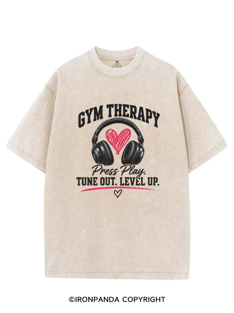 GYM THERAPY Press Play TUNE OUT LEVEL UP VINTAGE GYM SHIRT