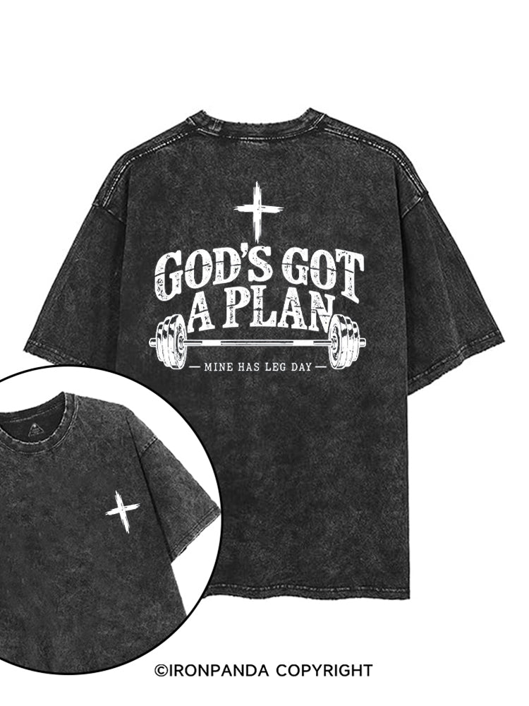 GOD'S GOT A PLAN MINE HAS LEG DAY printed Gym Shirt
