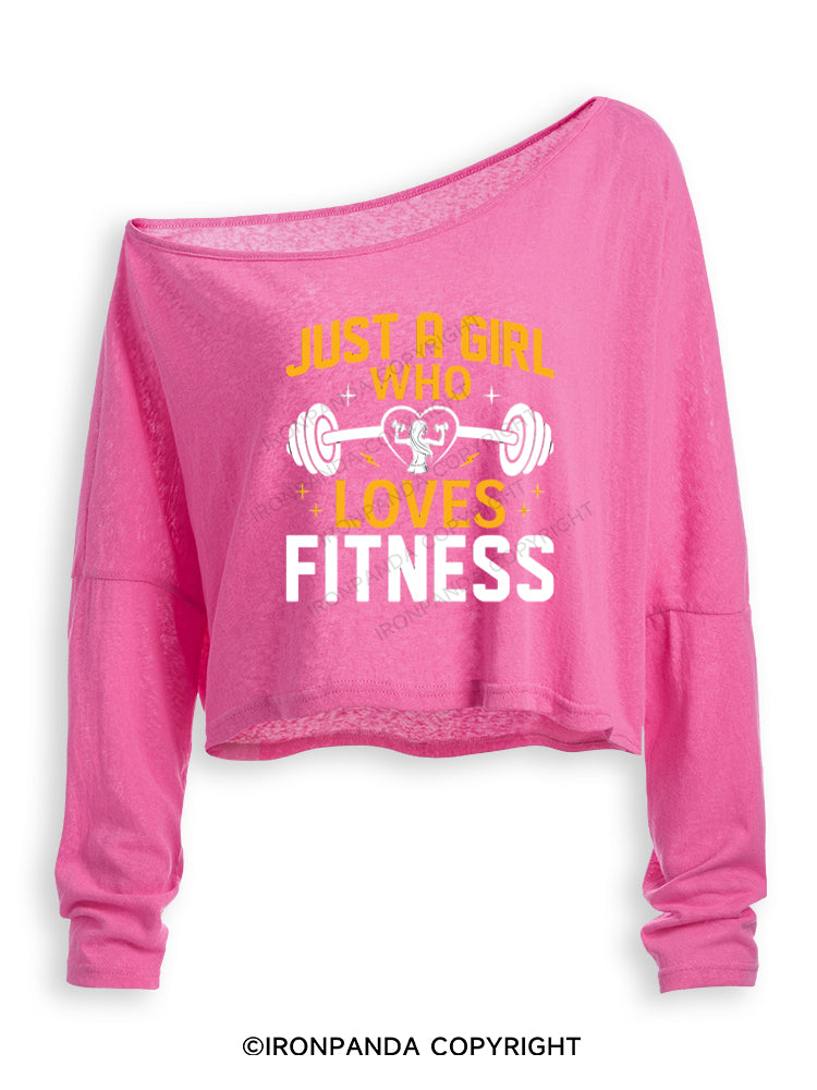 JUST A GIRL WHO LOVES FITNESS HEART Off Shoulder Long Sleeve Crop Top
