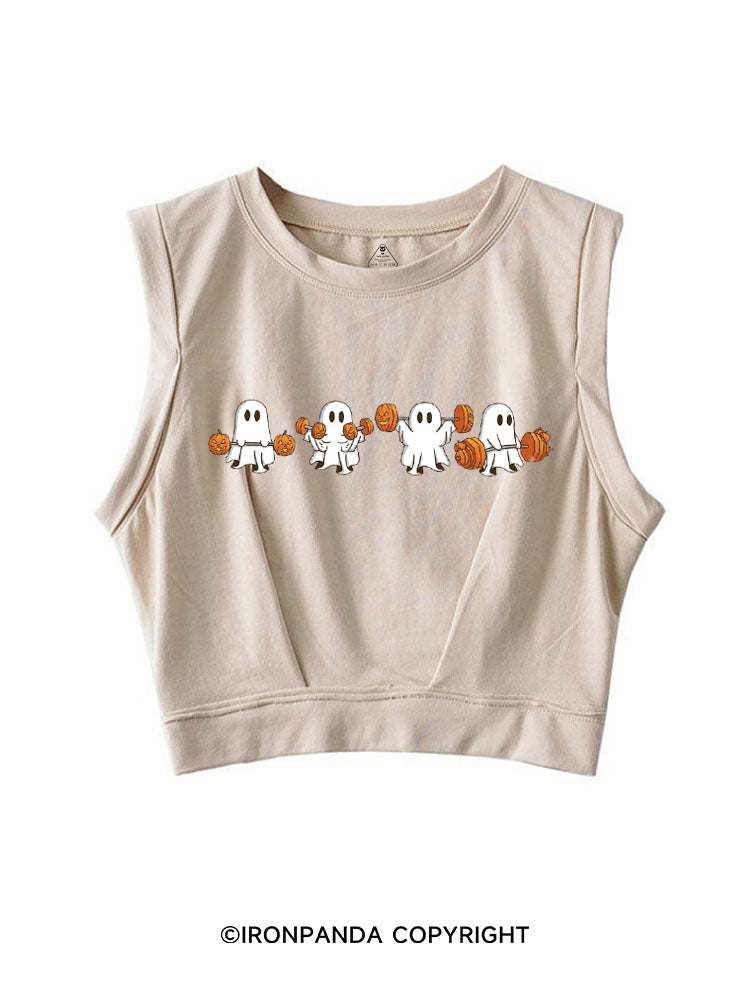 WEIGHT LIFTING GHOSTS FUNNY FITNESS SLEEVELESS CROP TOPS