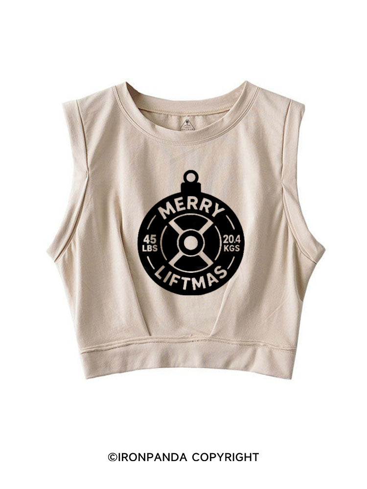 MERRY LIFTMAS WEIGHT PLATE ORNAMENT SLEEVELESS CROP TOPS