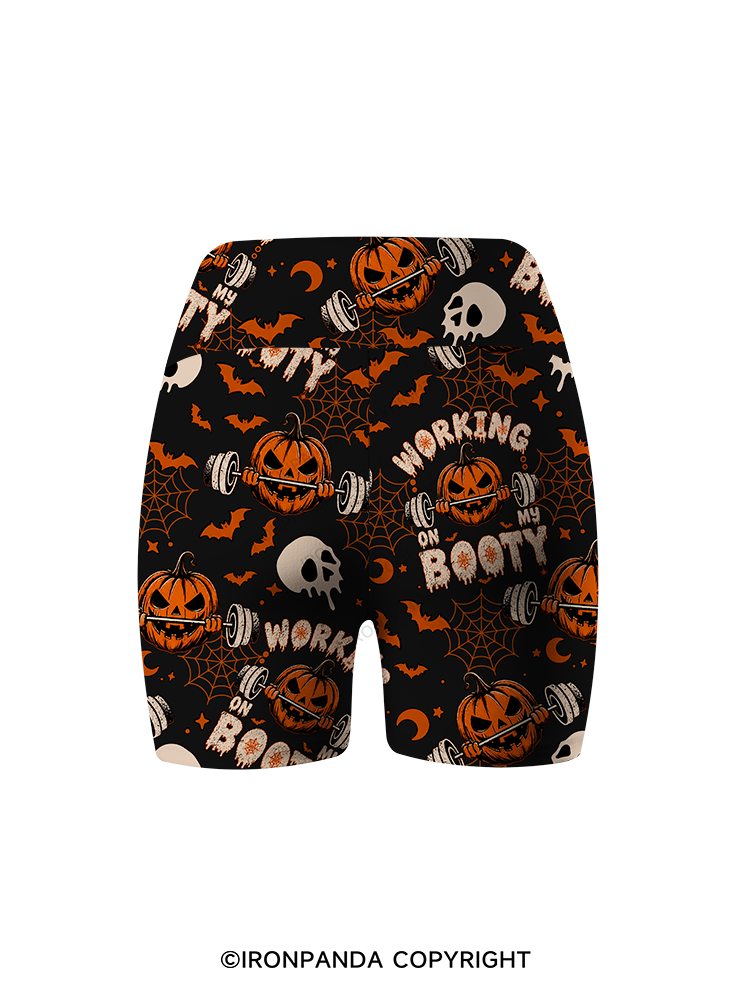 WORKING ON MY BOOTY FUNNY HALLOWEEN PUMPKIN Printed Yoga Cycling Shorts