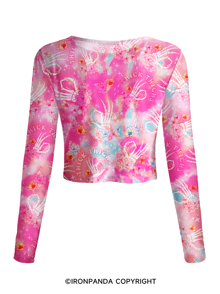 PINK TIE DYE SKELETON HAND FLORAL Mesh Long Sleeve Top