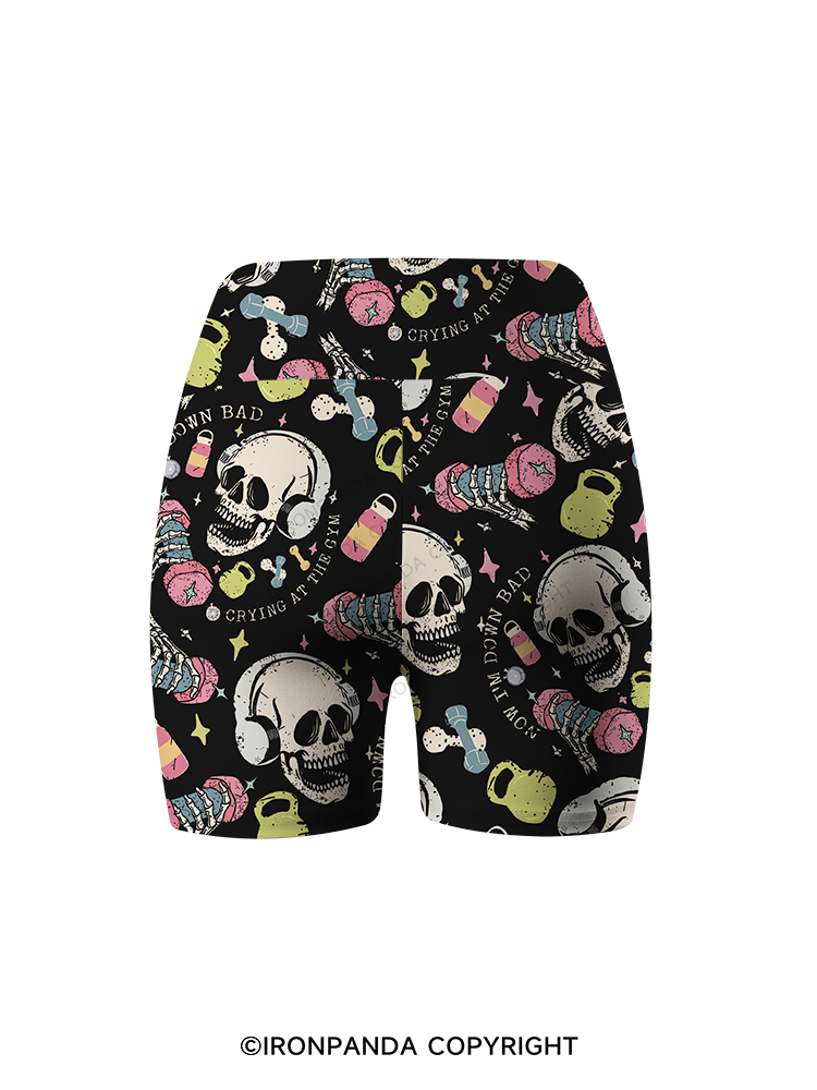 NOW I’M DOWN BAD CRYING AT THE GYM SKULL Printed Yoga Cycling Shorts