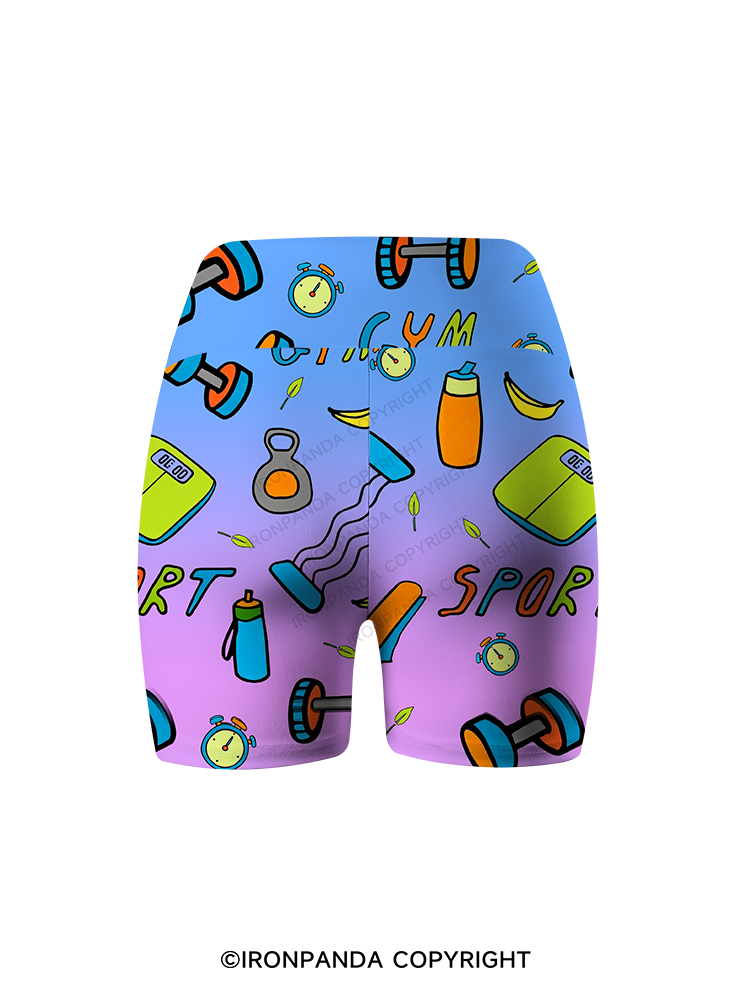 Colorful Gym Icons Printed Yoga Cycling Shorts