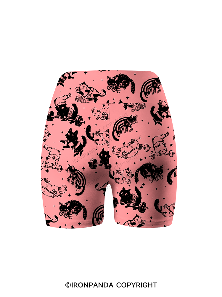 Cute Cat Lifting Club Printed Yoga Cycling Shorts