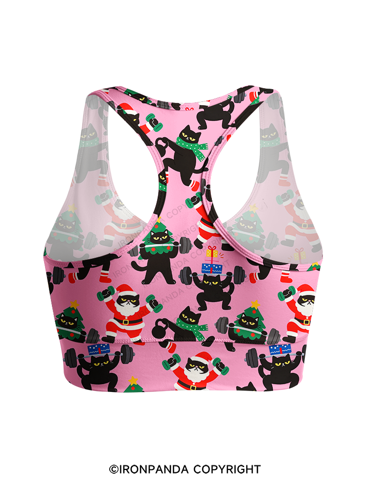WEIGHTLIFTING BLACK CAT CHRISTMAS WORKOUT Racerback Sports Bra