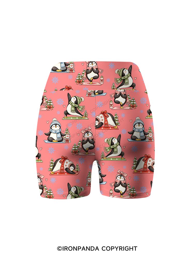 Cute Christmas Yoga Penguin Printed Yoga Cycling Shorts
