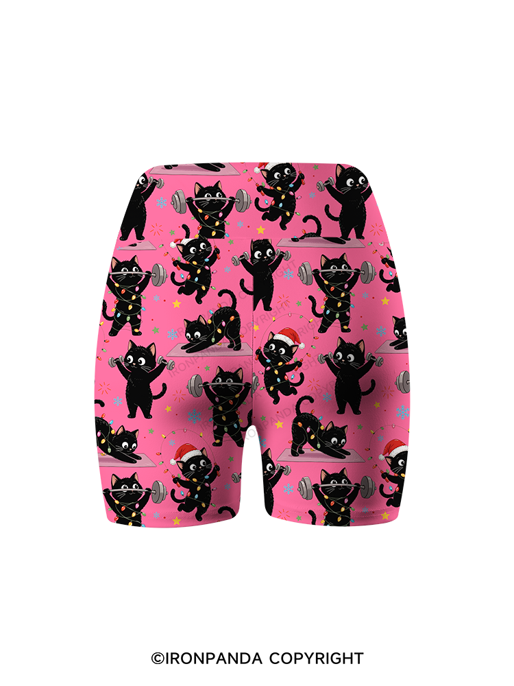 Christmas Fitness Black Cat Printed Yoga Cycling Shorts