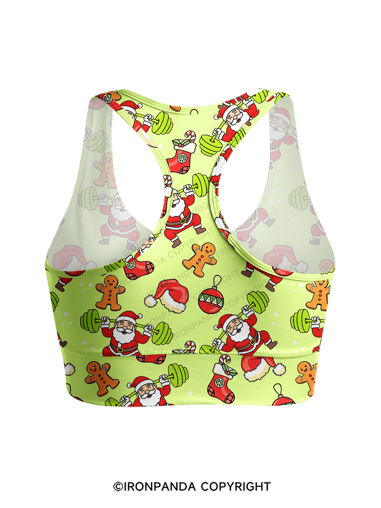 Santa Lifting Weights Skip Legs Racerback Sports Bra