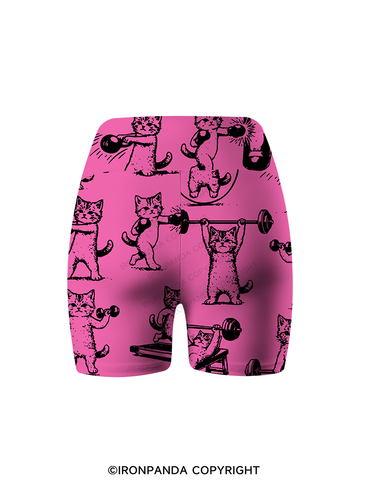 Fitness Kittens Who Love Lifting Weights Printed Yoga Cycling Shorts