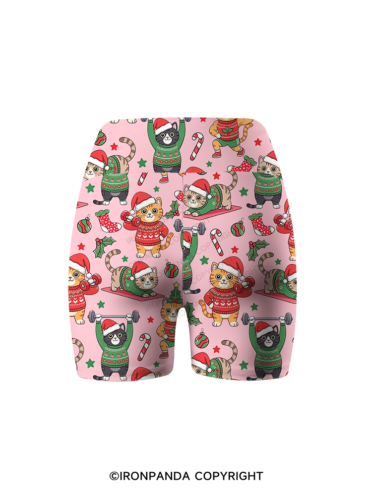 CHRISTMAS FITNESS CATS Printed Yoga Cycling Shorts