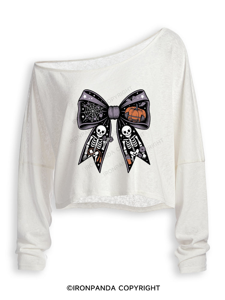HALLOWEEN BOW SKELETON WORKOUT Off Shoulder Long Sleeve Crop Top