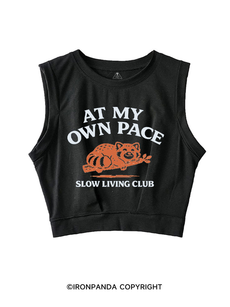 AT MY OWN PACE SLOW LIVING CLUB RACCOON SLEEVELESS CROP TOPS