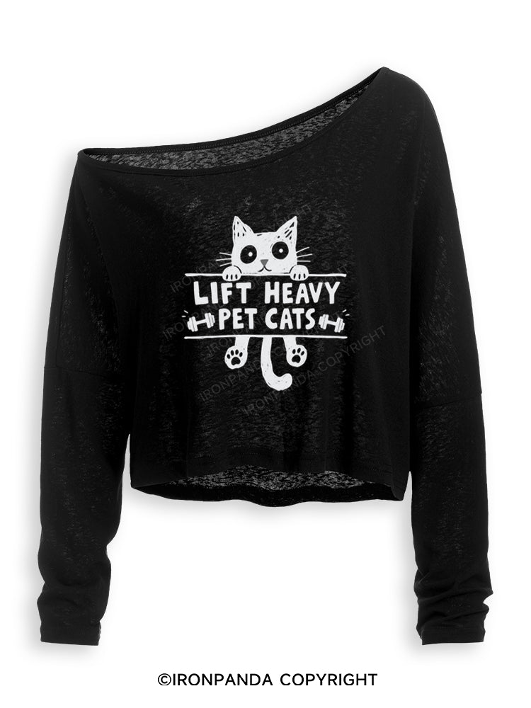 LIFT HEAVY PET CATS GYM KITTY Off Shoulder Long Sleeve Crop Top