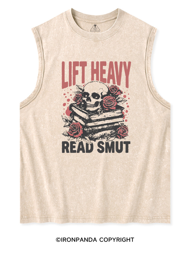 LIFT HEAVY READ SMUT ROSY SKULL Washed Tank
