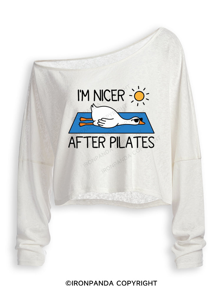 I'M NICER AFTER PILATES GYM GOOSE Off Shoulder Long Sleeve Crop Top