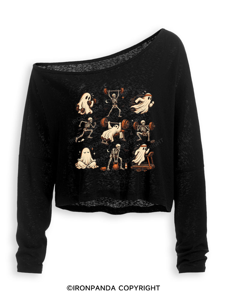 Ghost and Skeleton Workout Spooky Exercise Off Shoulder Long Sleeve Crop Top