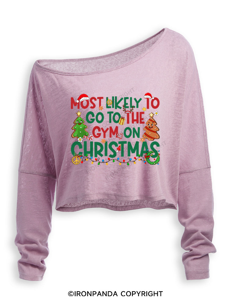 Most Likely To Go To The Gym On Christmas Funny Off Shoulder Long Sleeve Crop Top