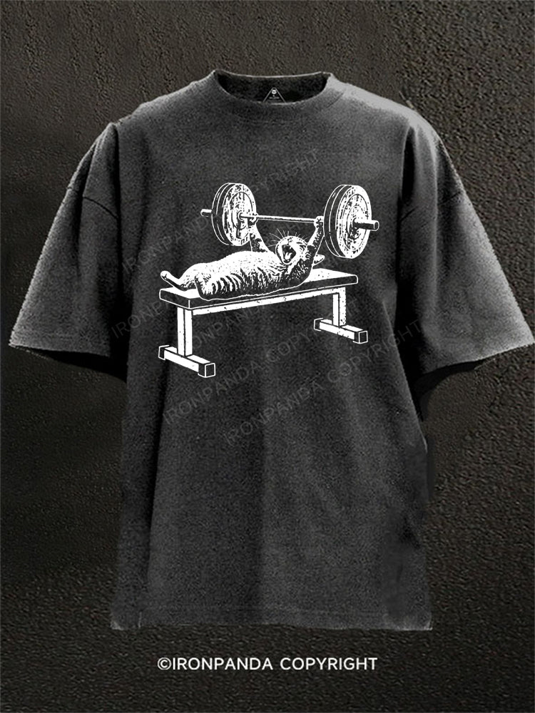 Cat Gym Workout Bench Press Washed Gym Shirt