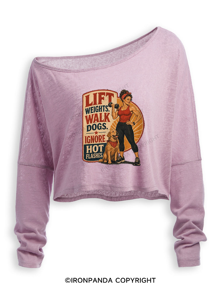 LIFT WEIGHTS WALK DOGS RETRO FITNESS Off Shoulder Long Sleeve Crop Top