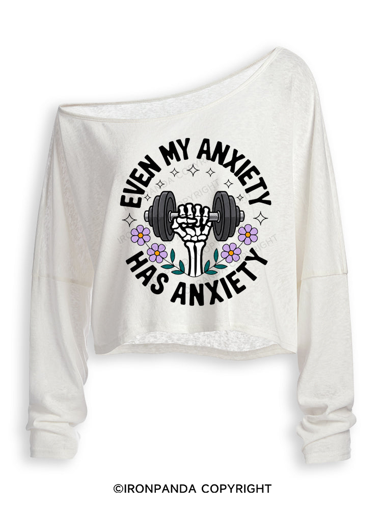 EVEN MY ANXIETY HAS ANXIETY SKELETON Off Shoulder Long Sleeve Crop Top
